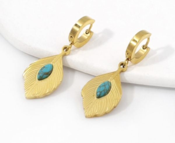 Golden Leaf Drop Hoop Earrings with Turquoise Accent